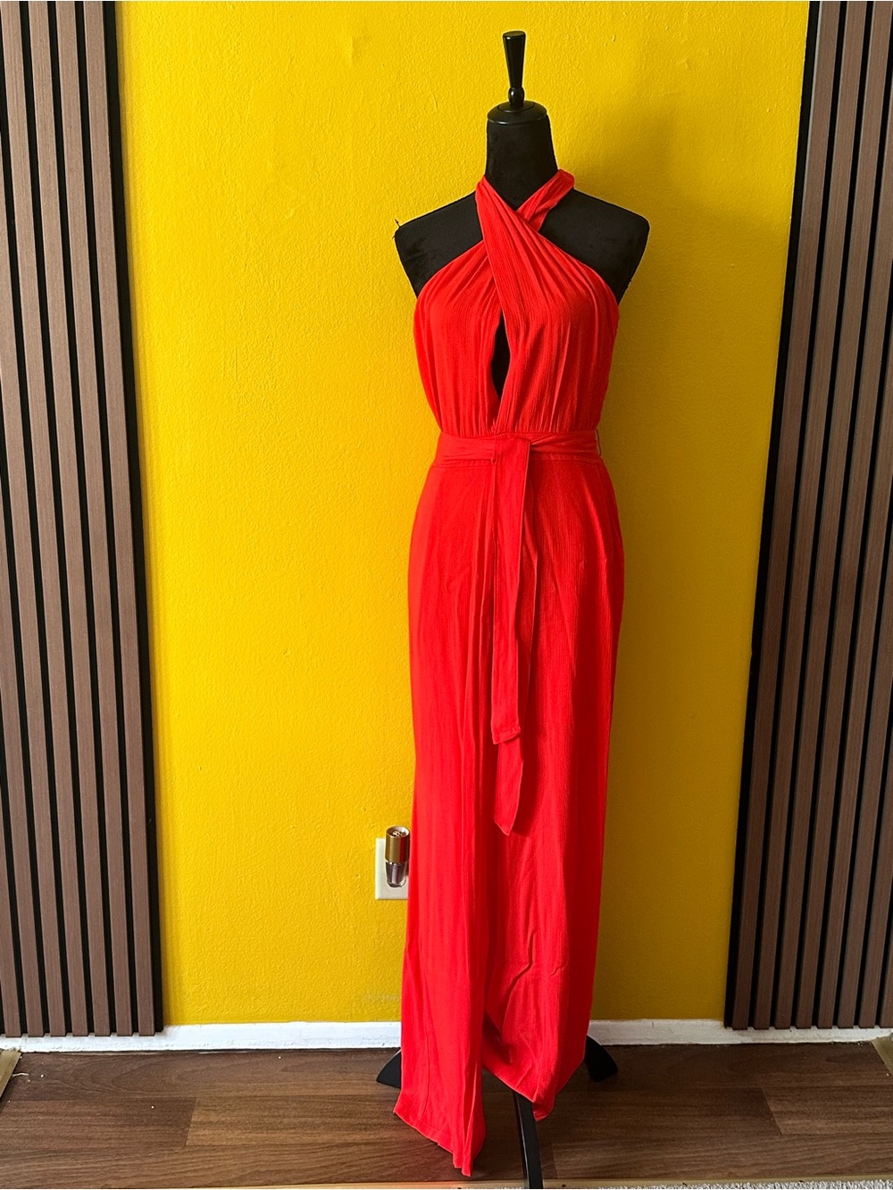 Red Crisscross Peek boo Backless Halter Maxi Jumpsuit with Waist Tie